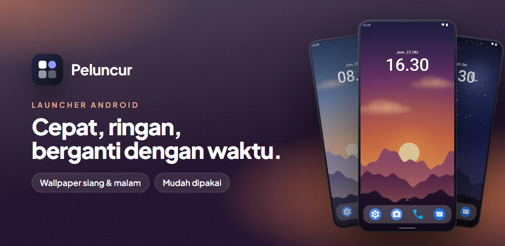 Peluncur Aplikasi Cepat: cepat, ringan, berganti dengan waktu. Wallpaper siang & malam, mudah dipakai